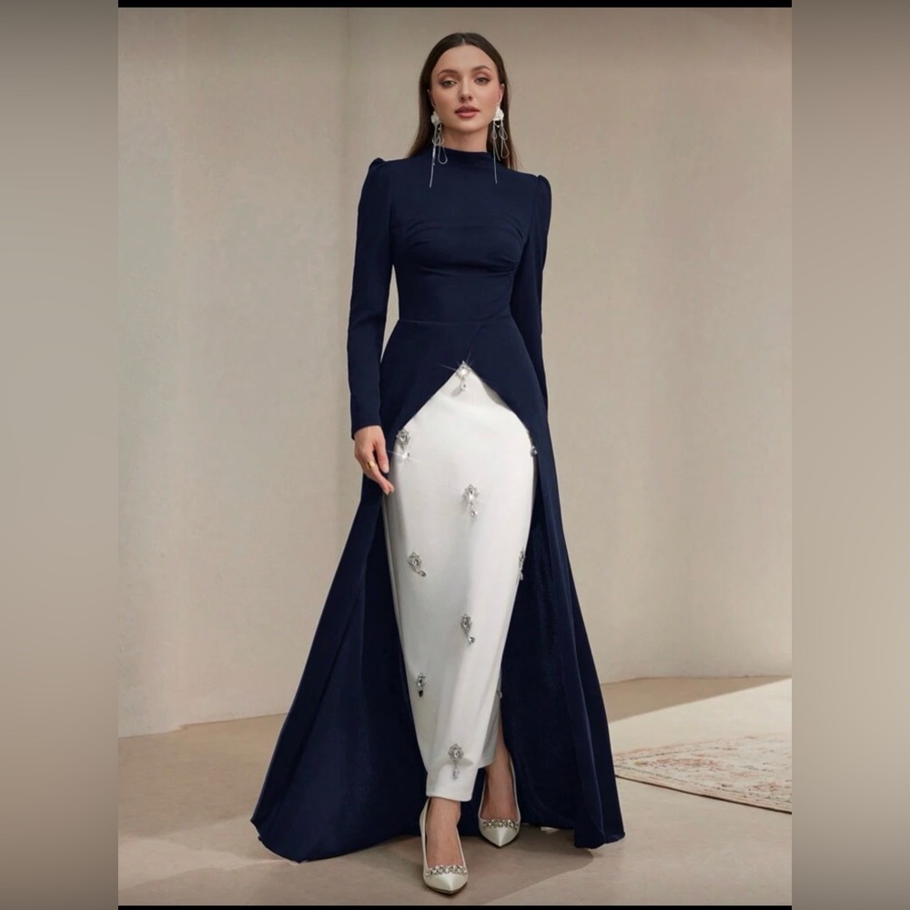 Elegant Navy and White Evening Dress
